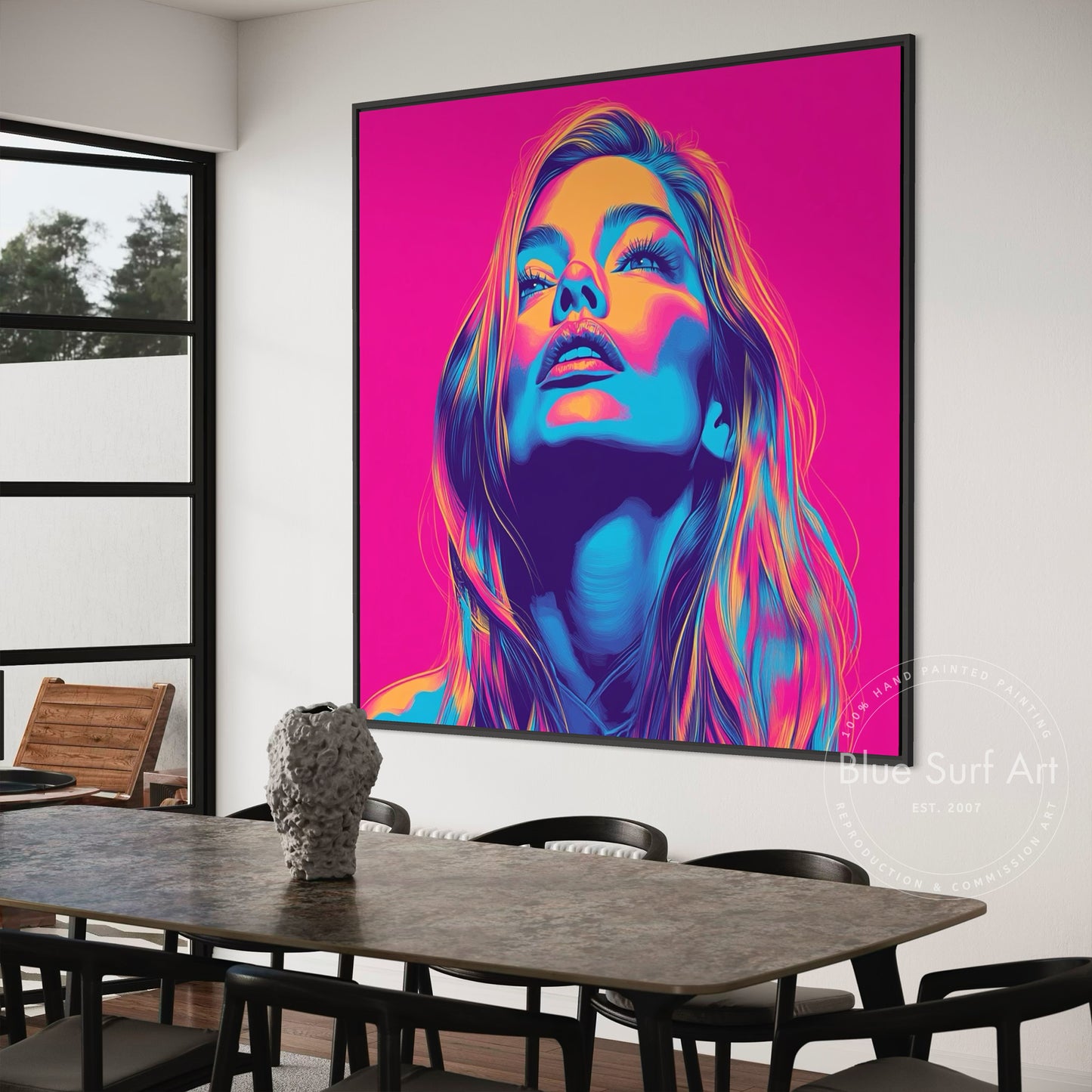 Shop “Electric Muse” – bold neon pop art portrait in vivid pink, blue, and orange. Available as print or hand-painted oil on canvas at Dinky Art.