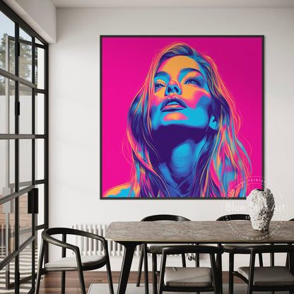 Shop “Electric Muse” – bold neon pop art portrait in vivid pink, blue, and orange. Available as print or hand-painted oil on canvas at Dinky Art.
