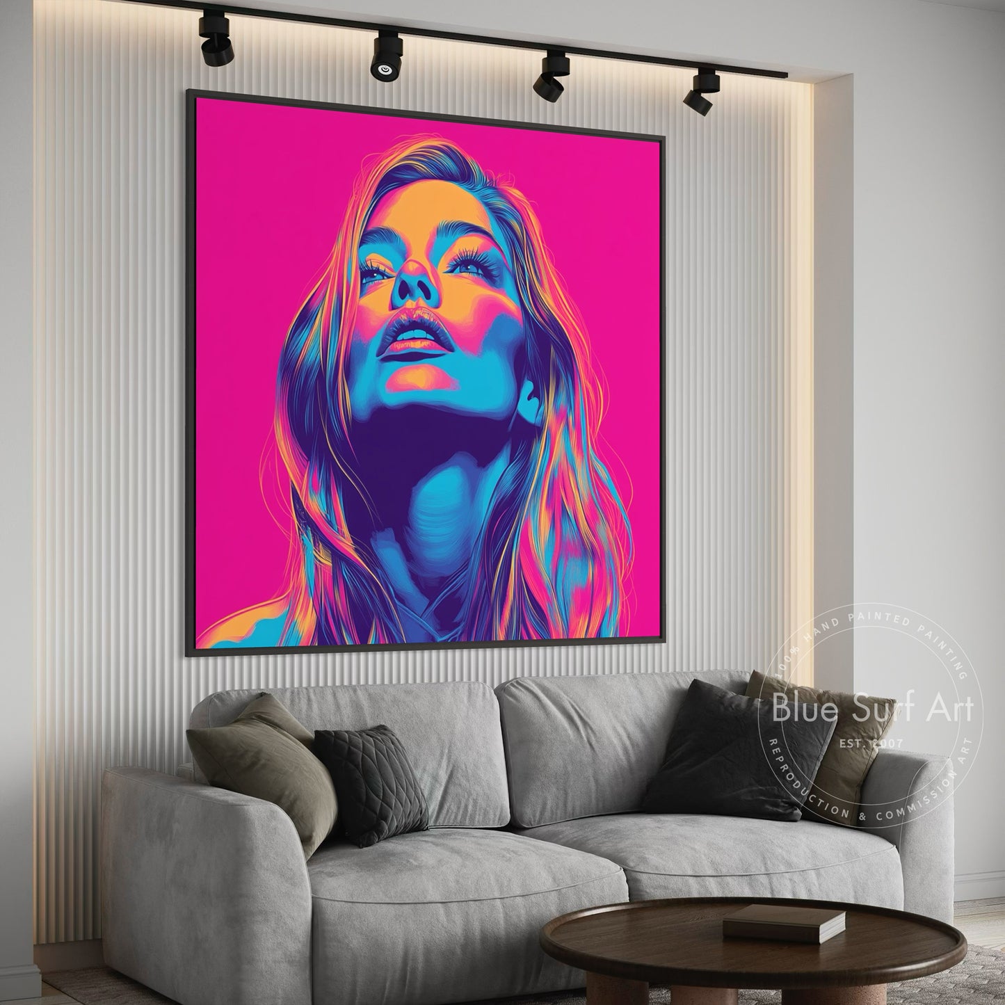 Shop “Electric Muse” – bold neon pop art portrait in vivid pink, blue, and orange. Available as print or hand-painted oil on canvas at Dinky Art.
