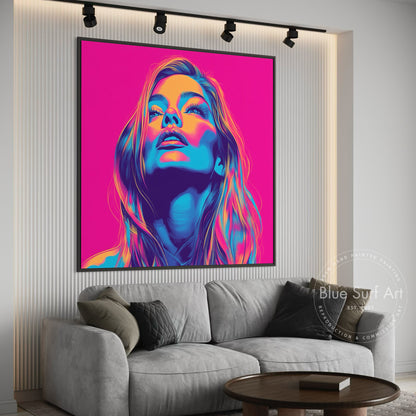 Shop “Electric Muse” – bold neon pop art portrait in vivid pink, blue, and orange. Available as print or hand-painted oil on canvas at Dinky Art.