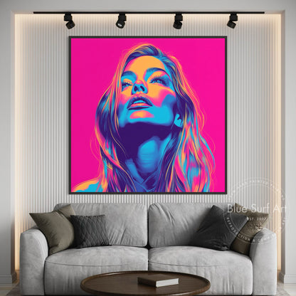 Shop “Electric Muse” – bold neon pop art portrait in vivid pink, blue, and orange. Available as print or hand-painted oil on canvas at Dinky Art.