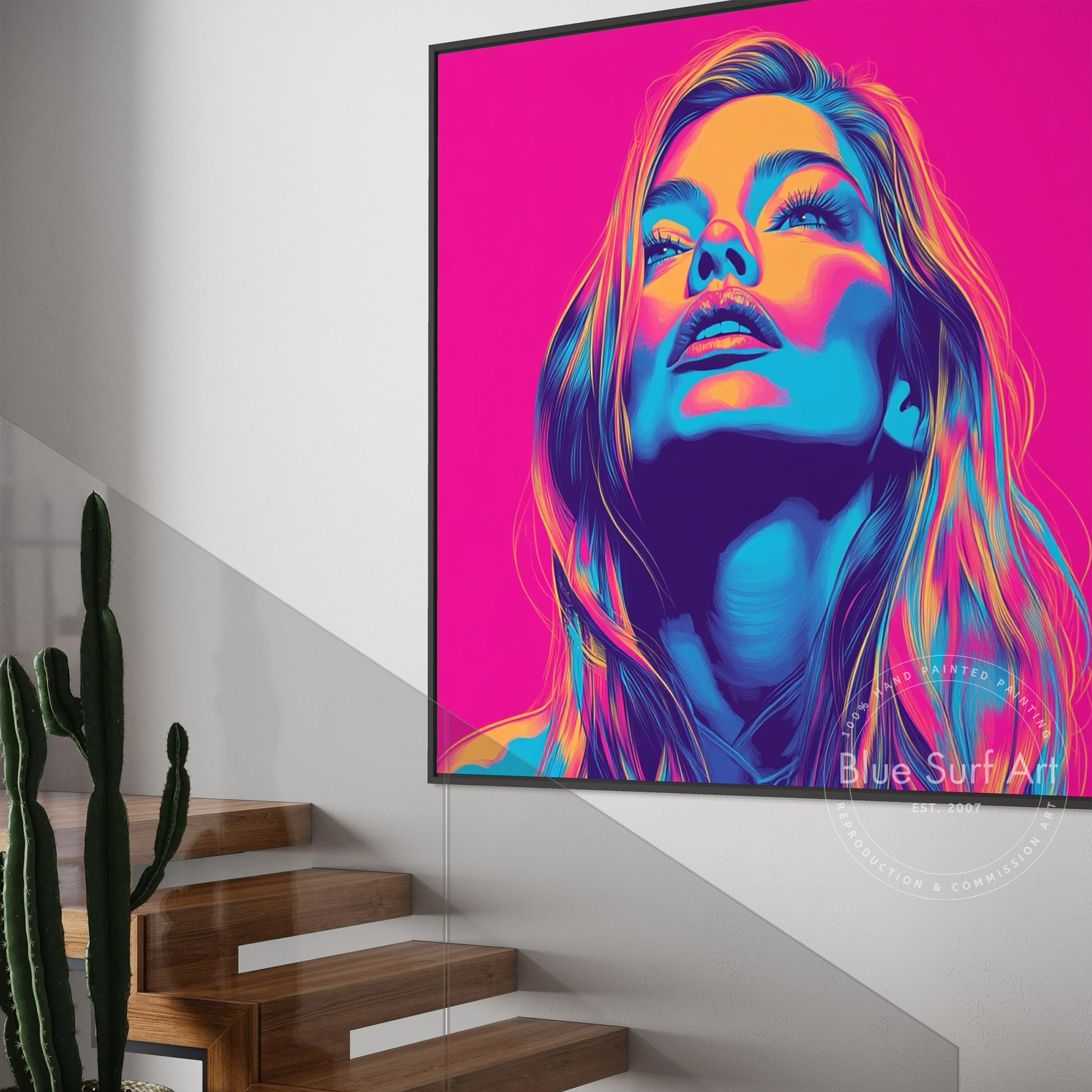 Shop “Electric Muse” – bold neon pop art portrait in vivid pink, blue, and orange. Available as print or hand-painted oil on canvas at Dinky Art.