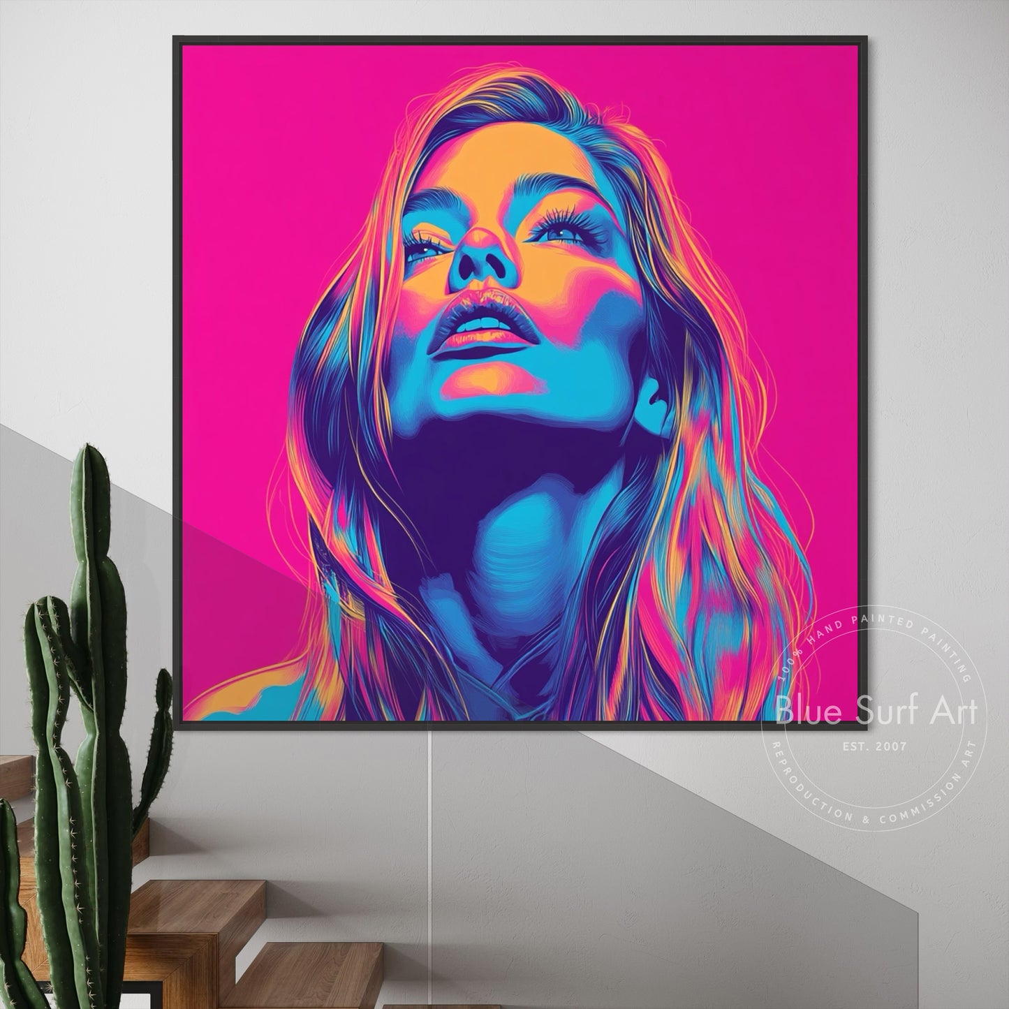 Shop “Electric Muse” – bold neon pop art portrait in vivid pink, blue, and orange. Available as print or hand-painted oil on canvas at Dinky Art.