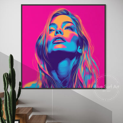 Shop “Electric Muse” – bold neon pop art portrait in vivid pink, blue, and orange. Available as print or hand-painted oil on canvas at Dinky Art.