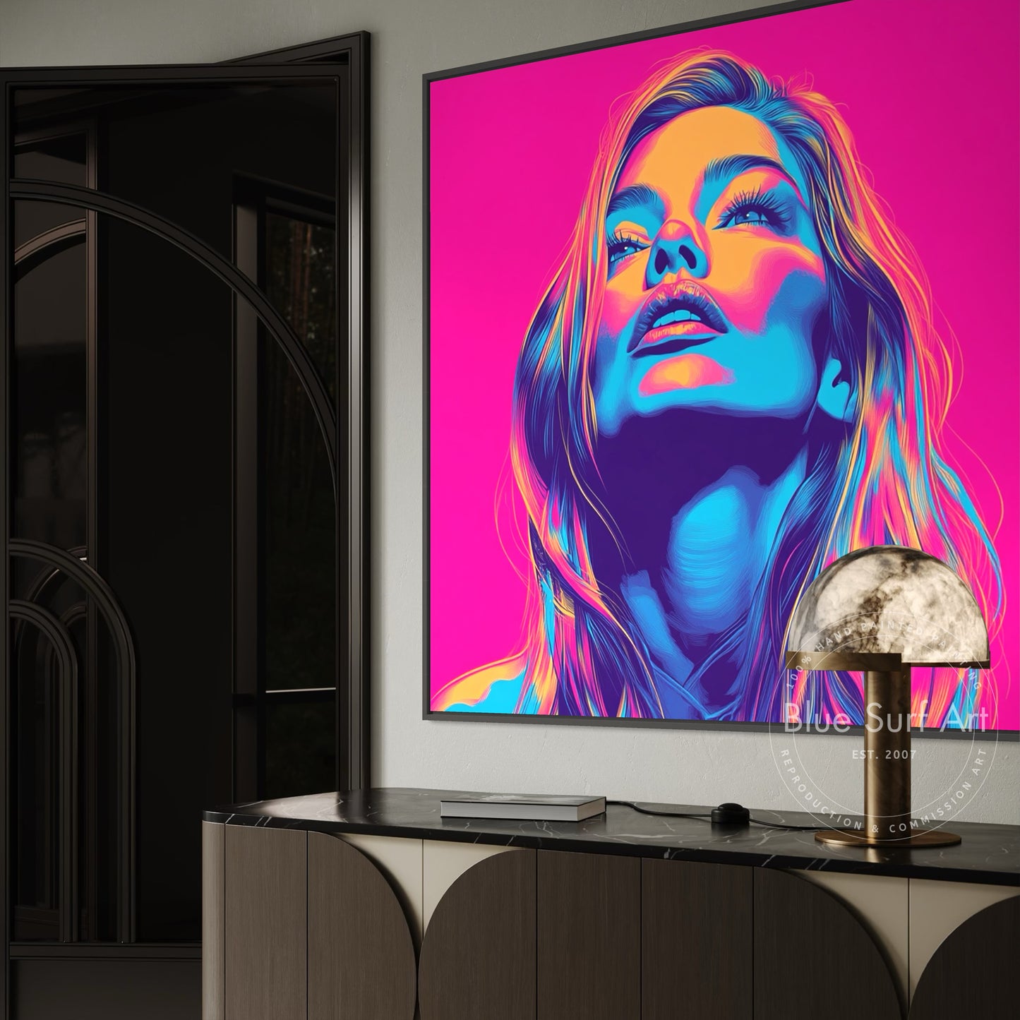 Shop “Electric Muse” – bold neon pop art portrait in vivid pink, blue, and orange. Available as print or hand-painted oil on canvas at Dinky Art.